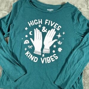 Old Navy Kids Girls Long Sleeve T Shirt Teal High Fives Vibes Graphic L 10-12